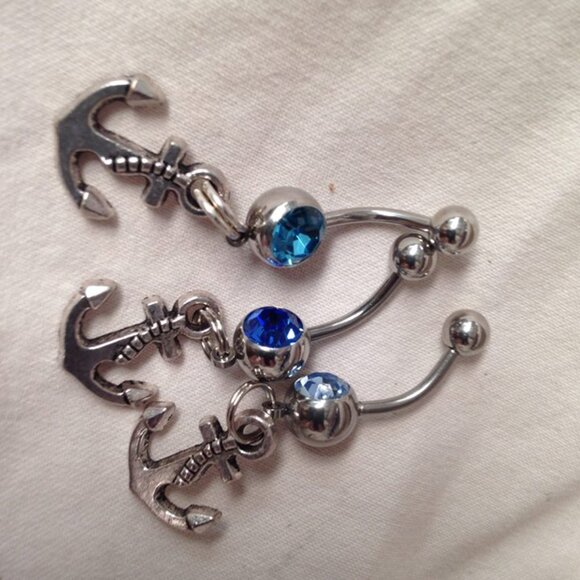 Small Anchor with Light Blue Gem Dangle Belly Ring - Picture 10 of 13